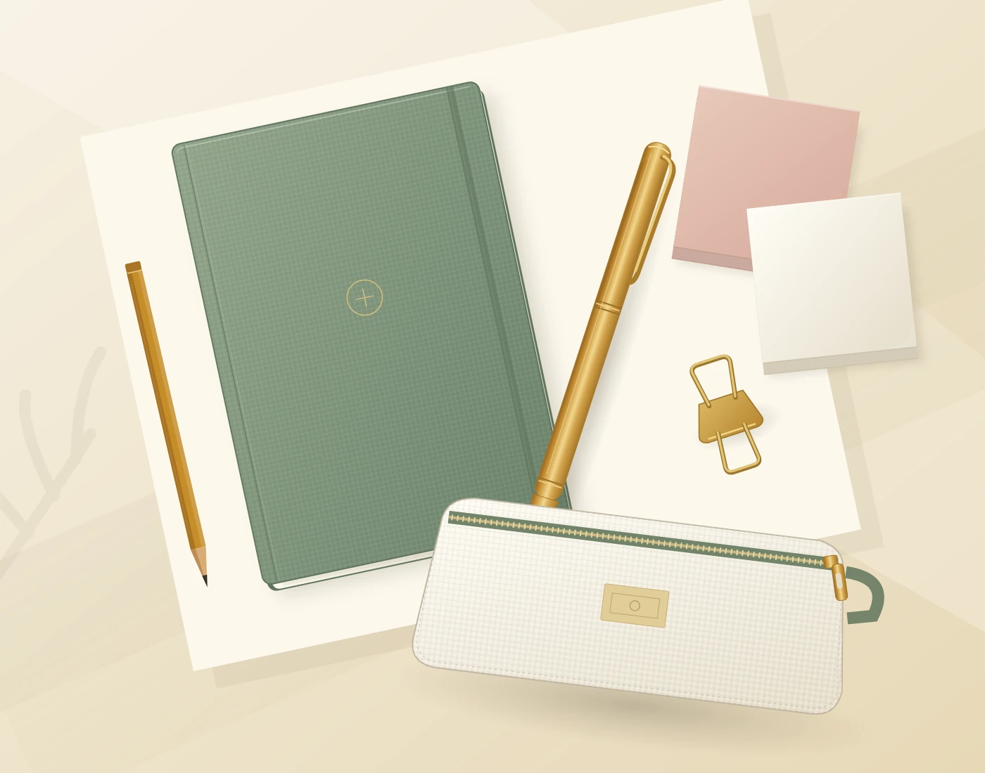 Original stationery illustration with a notebook, golden pen, paper notes, and a pencil case